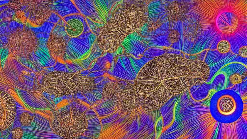 quantum connections represented as symbiotic organisms like cells playing around with colorful lights by ernst haeckel, smooth, sharp, realistic 