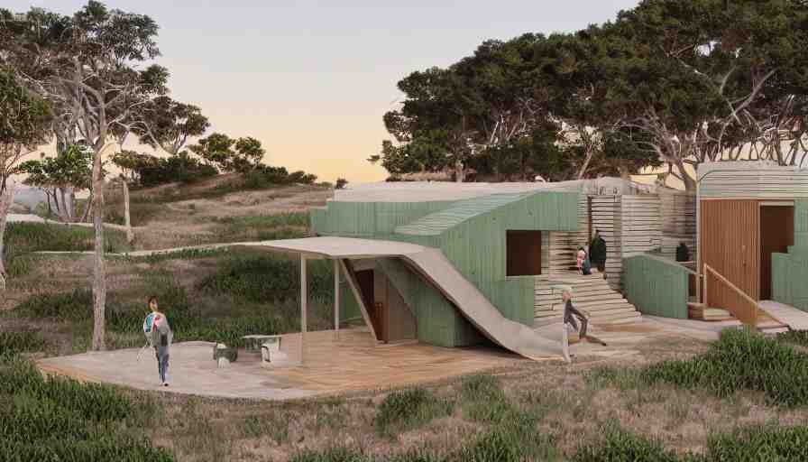 An architectural rending of an eco-community neighborhood of innovative contemporary 3D printed sea ranch style cabins with rounded corners and angles, beveled edges, made of cement and concrete, organic architecture, on the California coastline with side walks, parks and public space , Designed by Gucci and Wes Anderson, golden hour