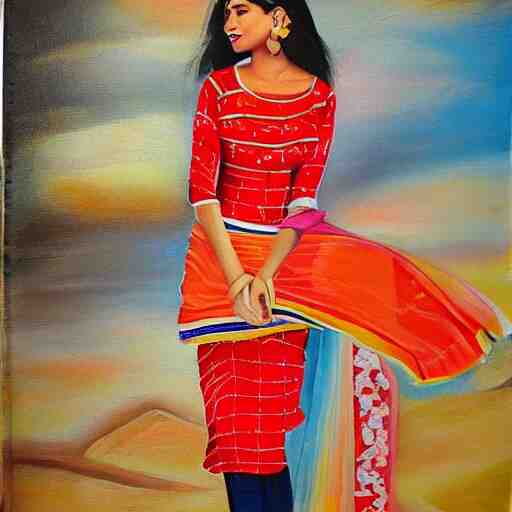 a beautiful oil painting of cute girl wearing modern stylish costume in the style of Assamese bihu mekhela sador gamosa design, commercial fashion design art concept