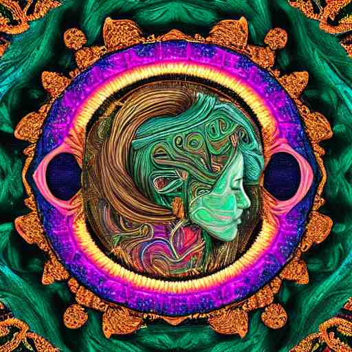 a majestic portrait of a woman with a vascular structure as the amazon aws logo, digital painting, high detail, 8 k, intricate ornamental details, vibrant iridescent colors, green magenta and gold 