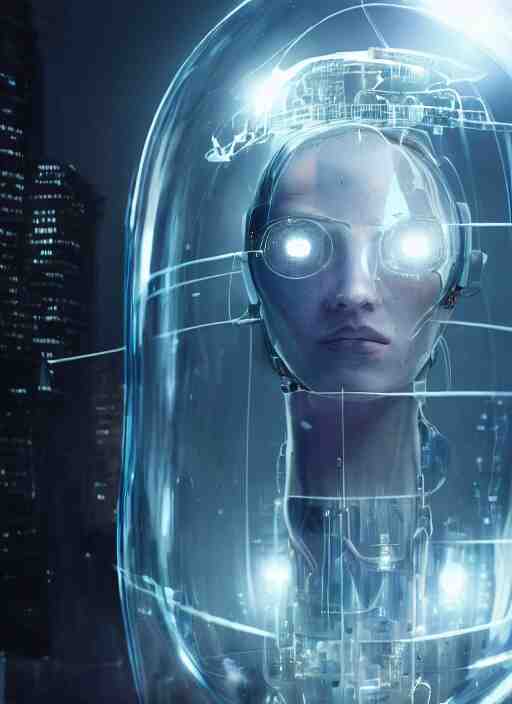 Ultra realistic full shot of a cyborg woman in a glass cylinder with electrical cables cables and mechanical arms that fix it., cyberpunk,sci-fi, fantasy,Kodak , soft light, volumetric lighting, ,night, fog ,smoke, intricate, elegant, highly detailed, digital painting, artstation, concept art, smooth, sharp focus, illustration,art by artgerm and greg rutkowski and alphonse mucha