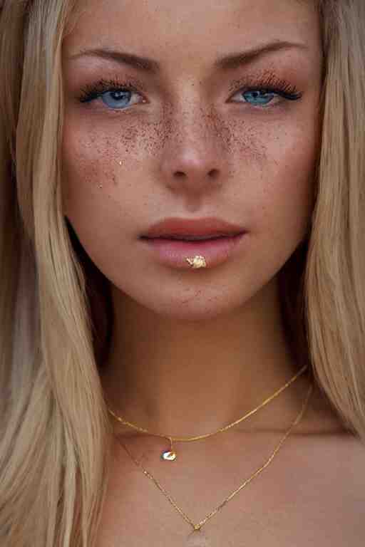 2 4 year old professional blonde female wearing white v - neck top, single gold chain necklace, neck zoomed in, photo realistic, extreme detail skin, light freckles, no filter, slr, golden hour, 4 k, high definition, photograph, selfie 