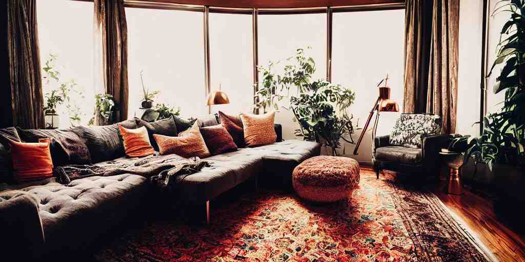 insanely detailed wide angle photograph, atmospheric, award winning interior design living room, cat, dusk, cozy and calm, fabrics and textiles, colorful accents, brass, copper, secluded, many light sources, lamps, hardwood floors, book shelf, couch, desk, balcony door, plants