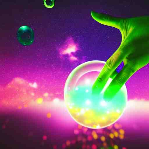 a human hand holding a bunch of glass bubbles in a cosmos space full of stars and vibrant clouds, volumetric light, green and yellow colors, digital art, artstation 