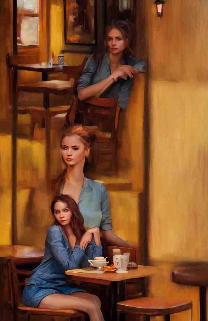 a portrait of a beautiful girl sitting in a cafe, cuban setting, warm colors, soft lighting, atmospheric, cinematic, moody, in the style of diego koi, gina heyer, luiz escanuela, art by alyssa monk, hyperrealism, rule of thirds, oil on canvas, 8 k 