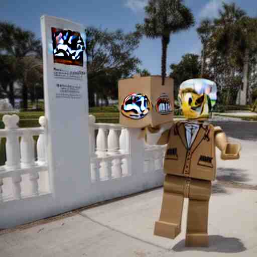 lego donald trump with cardboard box outside mar - a - lago, wide shot, lego, 