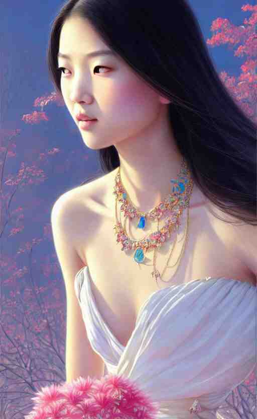 a beautiful young charming asian goddess with sundress + jewelry + shinny eyes | | winter, symmetric, realistic shaded, unpleasant face, good looking, fine details, dior, lv, realistic shaded lighting poster by greg rutkowski, macoto takahashi, magali villeneuve, artgerm, jeremy lipkin and michael garmash 