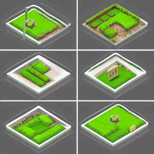 3 d mobile game prop pack is an isometric stairs but with an organic natural design that is based on different grass items - like plants with grass all inspired artstation stylized nature. around the stair, we can see flowers, grass, bushes. all in isometric perspective and semi - realistic style white background 