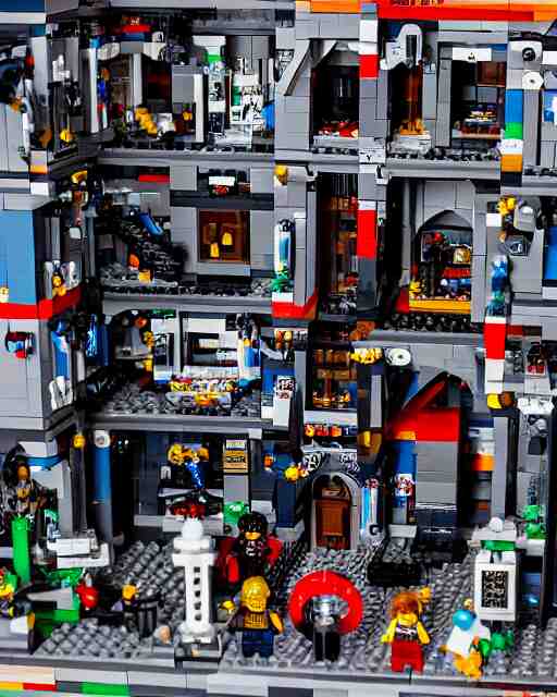 a high quality photograph of an intricate complex lego set of a realistic cyberpunk castle