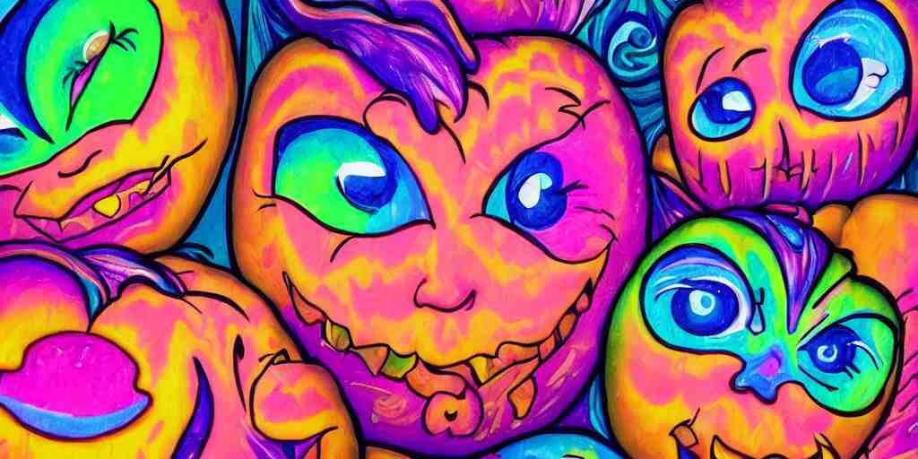 lisa frank painting carved pumpkin faces, textured canvas, kawaii holographic, detailed facial expression, surrealism aesthetic 