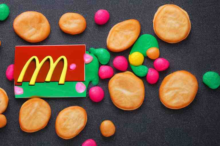 mcdonalds colorful pattys, commercial photograph taken on table 