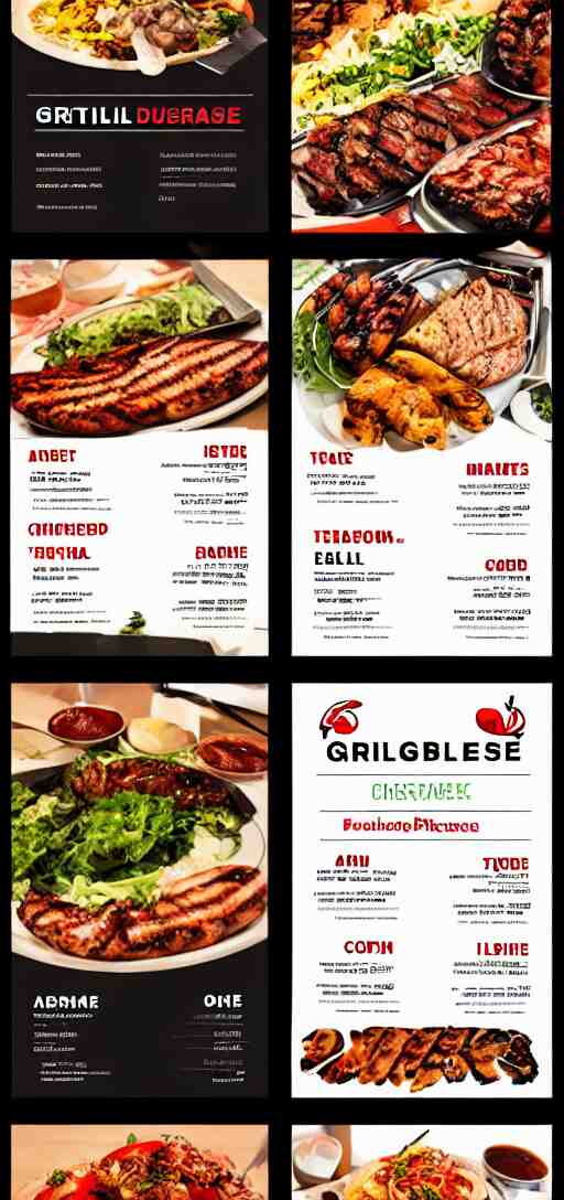 a very high image of a graphic menu for a grill house, graphic, template, design, cool, grill, food photography, no text 