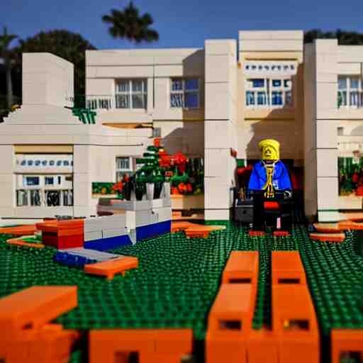 lego donald trump with cardboard box outside mar - a - lago, wide shot, lego, 