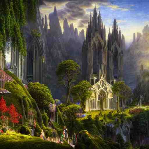 a beautiful and highly detailed matte painting of a beautiful cathedral in a magical fantasy valley in the mountains, psychedelic trees and plants and flowers, celtic vegetation, epic scale, insanely complex, hyperdetailed, sharp focus, hyperrealism, artstation, cgsociety, 8 k, bright colors, by caspar friedrich, albert bierstadt, james gurney, brian froud, 