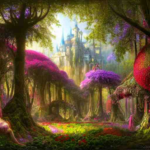 a beautiful and highly detailed matte painting of a beautiful dream palace in a magical fantasy forest garden, colorful flowers, psychedelic, epic scale, insanely complex, hyperdetailed, sharp focus, hyperrealism, artstation, cgsociety, 8 k, bright colors, by caspar friedrich, albert bierstadt, james gurney, brian froud, 