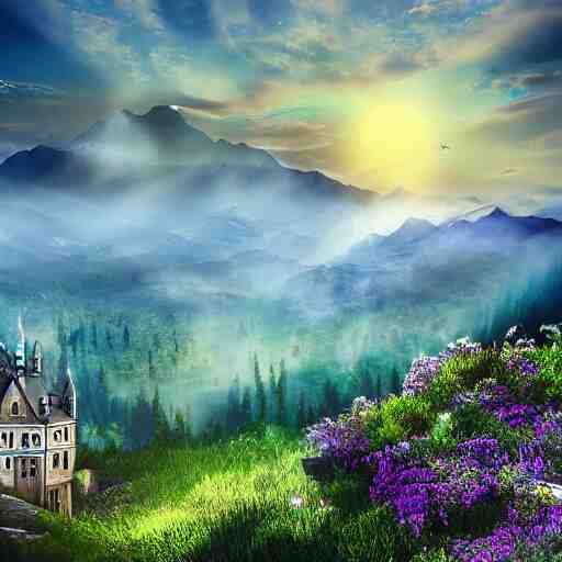 magical academy on a mountain, town below, mist, mystical, happy, sunshine, realistic, by bagshaw, tom 