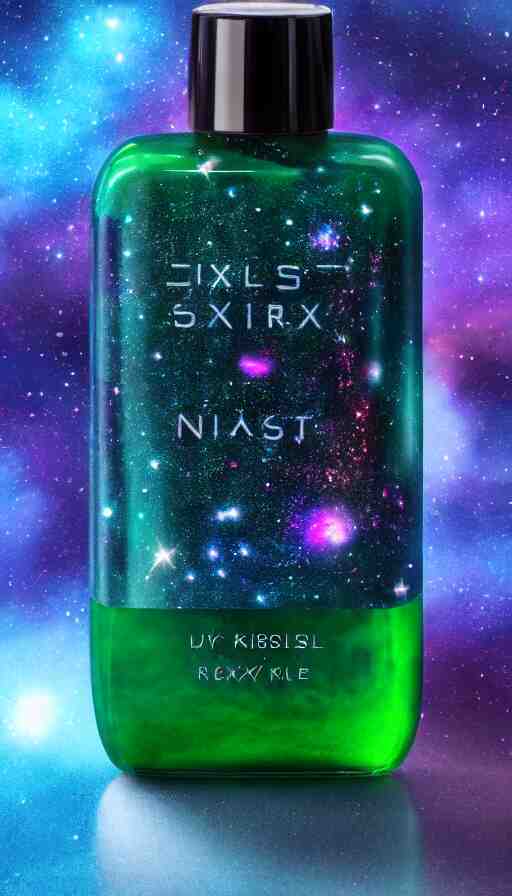 a beautiful bottle of nail polish filled with forest green small galaxy's and nebulas and blue sparkles, insane, intricate, highly detailed, Zeiss Lens, smooth, sharp focus, Unreal Engine 5, Octane Render, Redshift, 8K