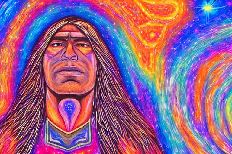 digital art of a spiritual native american man looking up at the stars, glowing light, acrylic art, universe, painting, pastel colors, alex grey, 