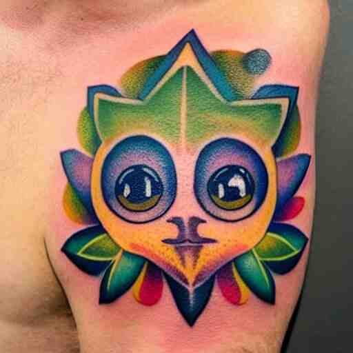 shoulder tattoo of a meditating cute bush baby, eyes are sparkeling rainbow spirals, glowing multicolored chakra symbols, surrounded with colorful lotus leaves, insanely integrate 