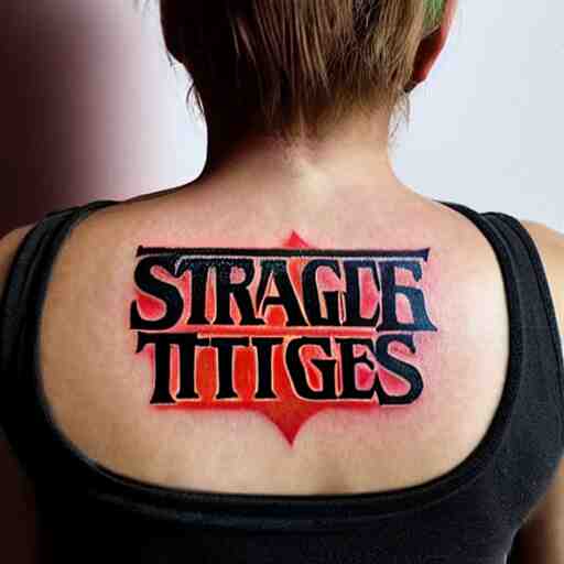 big stranger things logo tattoo ed on the back of a beautiful woman lying on a wood parket 