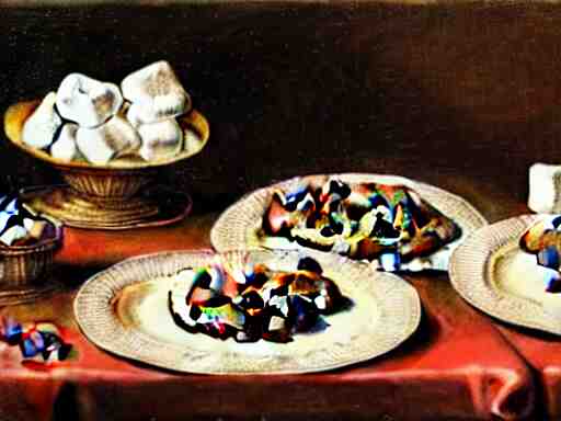 opulent banquet of plates of freshly baked chocolate chip cookies, jelly beans, chocolate sauce, marshmallows, highly detailed, food photography, art by rembrandt 
