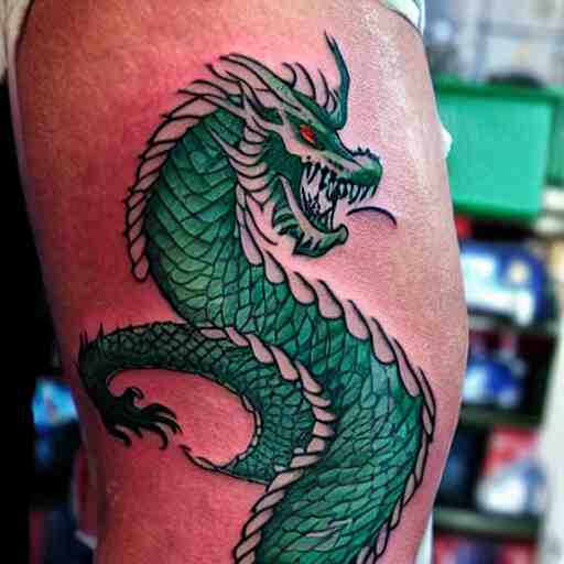 forearm tattoo of a spiraling dragon with a green emerald in its mouth, dark and vibrant forearm tattoo