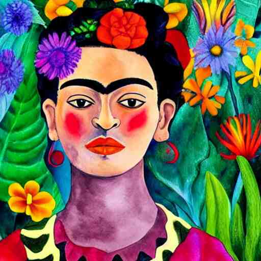 painting of colorful wild flowers frida kahlo style in Watercolor