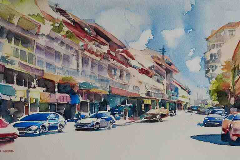 !! watercolor!! penang road in a sunny day, artwork by tooth wu, colorful contrast,!!!! very coherent!!!!, dark shadow, thick lineart 