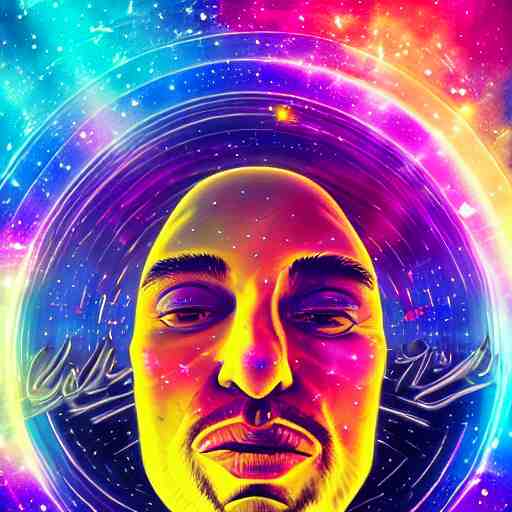 A man's soul becoming one with the galaxy by lisa frank, space, vibrant, colorful, digital art, peaceful, dmt, psychedelic,