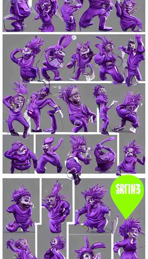 a sprite sheet of a graffiti wirter holding a spray can and purple hair, 3D character, sweat drops, insane, intricate, highly detailed, oil painting, smooth, sharp focus, Unreal Engine 5, 8K