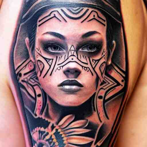 girl with tribal tattoo, realistic detailed shading, photo, robin elay 