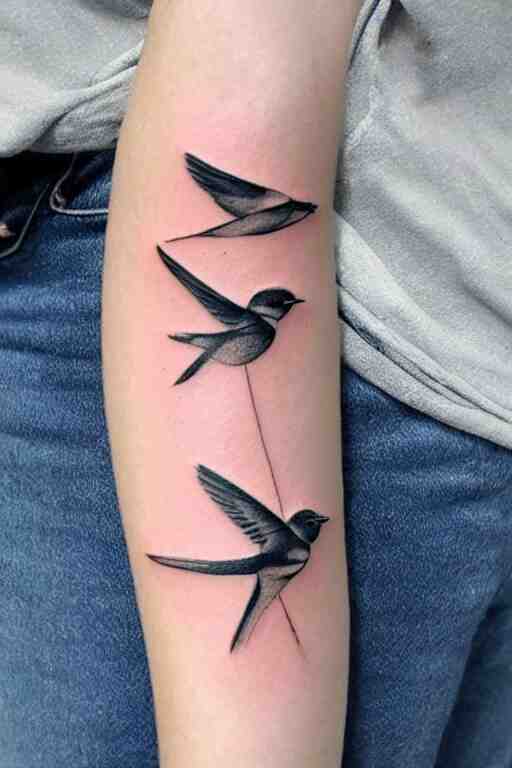 a beautiful swallow tattoo design of minimalist swallows flying into spherical lines and simple basic shapes, black ink, abstract logo, line art 