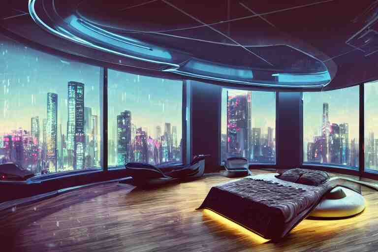 a futuristic bedroom with large curved ceiling high windows looking out to a far future cyberpunk cityscape, flying vehicles and robots passing by outside, night time, cyberpunk neon lights, raining