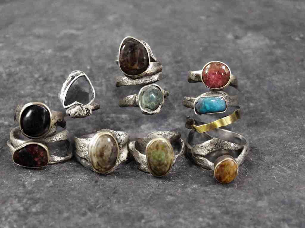 innovative rustic hand made rings hand crafted from silver and brass and natural gemstones