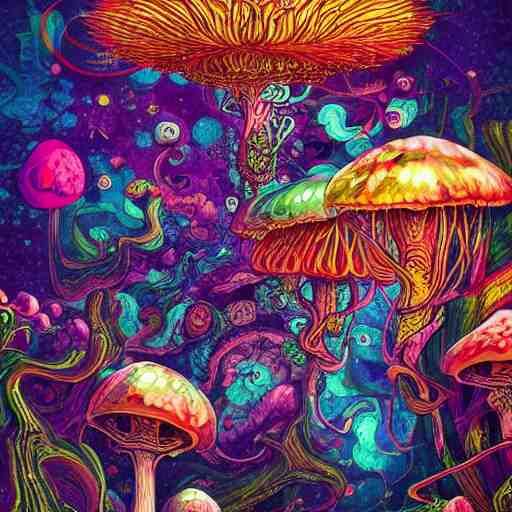 trippy mushrooms, acrilic paint, digital, artstation, detailed intricate ink illustration, heavenly atmosphere, digital art, overdetailed art, concept art, complementing colors, trending on artstation, cgstudio, the most beautiful image ever created, dramatic, subtle details 