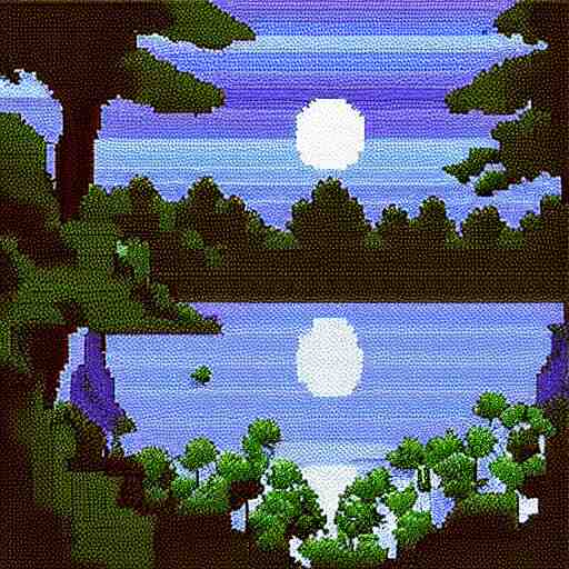 pixel art of a lake at night in a forest, dark blue colors 