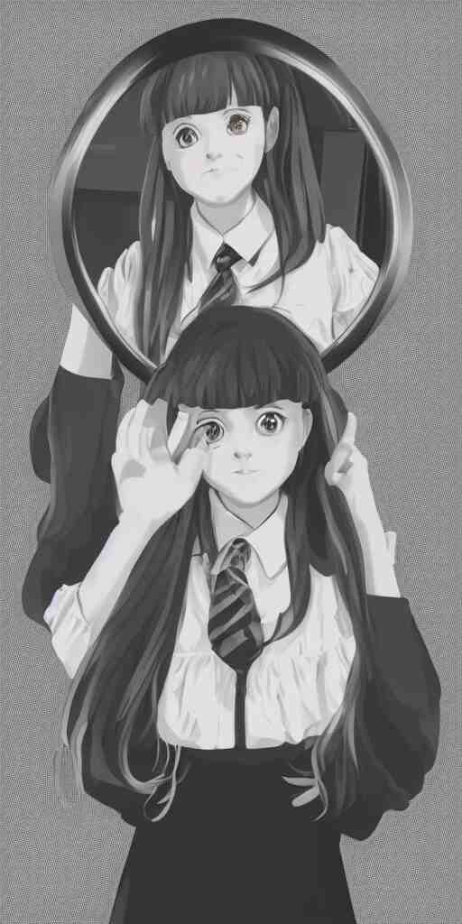 potrait of a schoolgirl in a classroom mirror, digital art, anime style, 8 k, black and white 