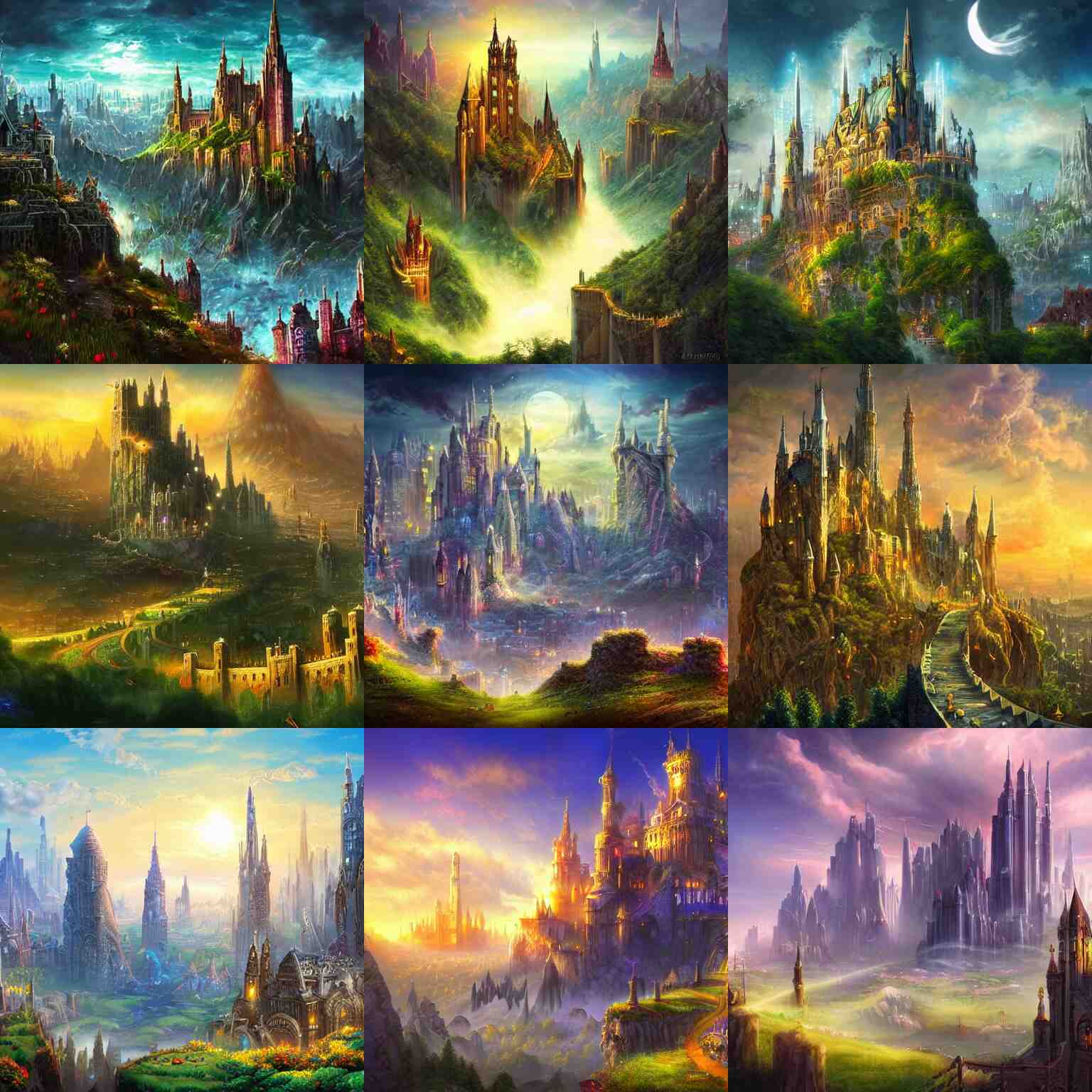 fantasy city, gleaming, glorious, awe-inspiring, breathtaking, high towers, walls, grass field surrounding the city, fantasy art