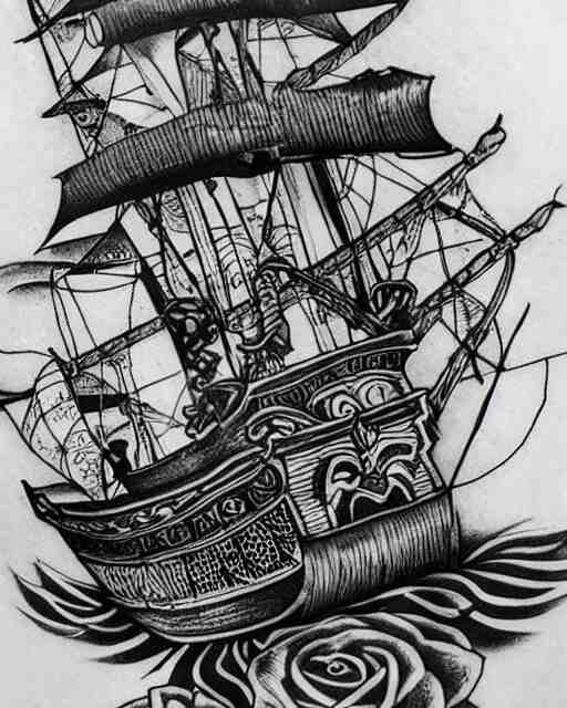 A tattoo design on paper of a pirate ship, on paper, black and white, highly detailed tattoo, realistic tattoo, by nik lucas