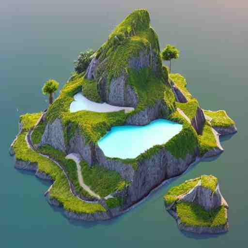 a floating island on an aquatic environment isometric art, lago di sorapis landscape, low poly art, game art, artstation, 3D render, high detail, cgsociety, octane render, sharp focus