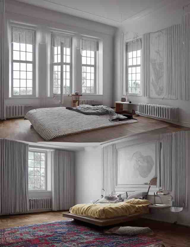 an ultra wide angle photo of a bed hovering above the floor in the middle of a giant tesselating bedroom with windows opening to other worlds by casey weldon!!!! and lee madgewick and m. c. escher, photorealistic, octane render, recursive!!!!, flowing, cascading, multiverse!!!!!!, labyrinthine 