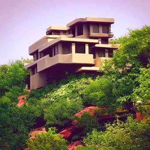 “ an idyllic hill with many small frank lloyd wright houses with cute stylized smoke rising from their chimneys ” 