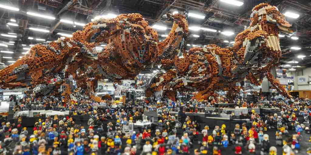 wide shot lens photo of a very intricately detailed and epically shaped 3. 5 meter long tifa lockhart lego sculpture designed by a master builder as displayed at a lego convention, low angle shot. 