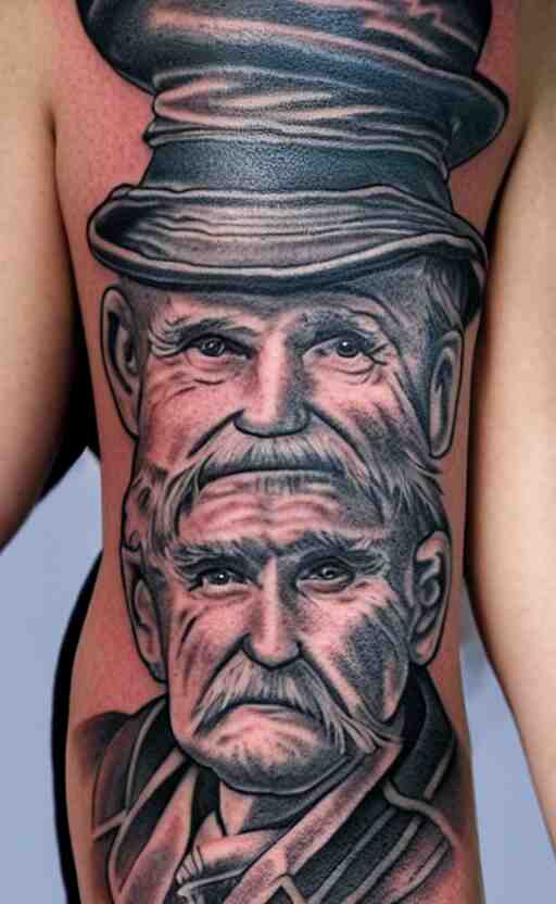 a tattoo of an old man wearing a hat on top of a tower, ultra detailed, tattoo, 8 k 