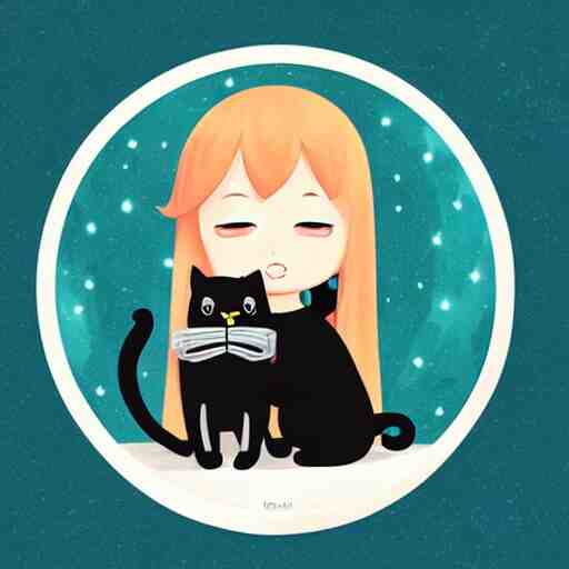 girl with black cat, sticker, emoji, white background, by rossdraws, ghibli 