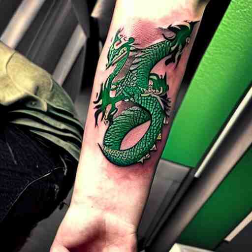 forearm tattoo of a dragon with a green emerald in its mouth, dark and vibrant forearm tattoo