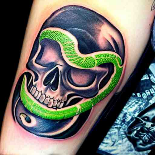 dark tattoo, snake wrapping its body around skull, toxic acid green dark colors