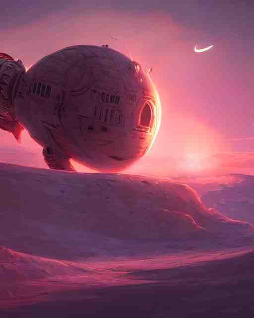 legendary space ship, ice fish shape, desert planet, cinematic, highly detailed, scifi, intricate digital painting, sunset, red glow, illustration, artstation, by johnson ting, jama jurabaev 