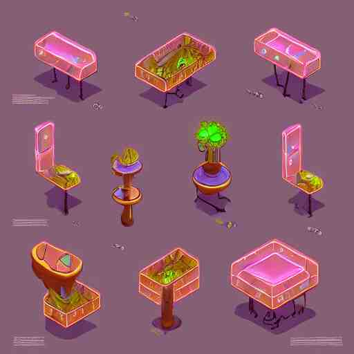 concept art 2 d game asset of furniture with an organic isometric design based on bioluminescent alien - like plants inspired by the avatar's bioluminescent alien nature. around the furniture, we can see plants that glow in the dark. all in isometric perspective and semi - realistic style item is in a black background 