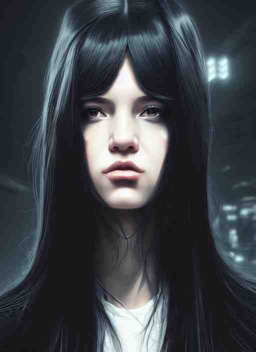 portrait of long black hair girl within a streetwear. cynical face, concept art, cyberpunk illustration, intricate, highly detailed 8 k, smooth, matte, sharp focus, rim light, beautiful and aesthetic shape of face and body, artgerm, artstation, art by gharliera 